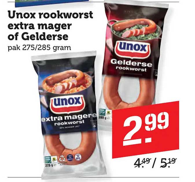 Unox rookworst extra mager of Gelderse pak 275/285 gram
