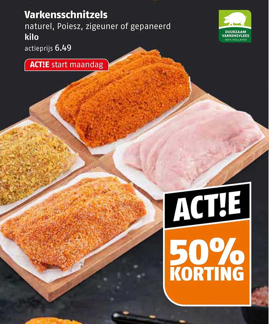Varkensschnitzels naturel, Poiesz, zigeuner of gepaneerd kilo ACTIE! 50% KORTING