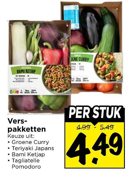 Vers-pakketten Keuze uit: Groene Curry, Teriyaki Japans, Bami Ketjap, Tagliatelle Pomodoro PER STUK