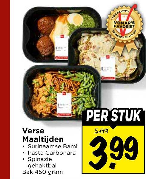 Verse Maaltijden - Surinaamse Bami - Pasta Carbonara - Spinazie gehaktbal Bak 450 gram