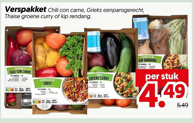 Verspakket Chili con carne, Grieks eenpansgerecht, Thaise groene curry of kip rendang