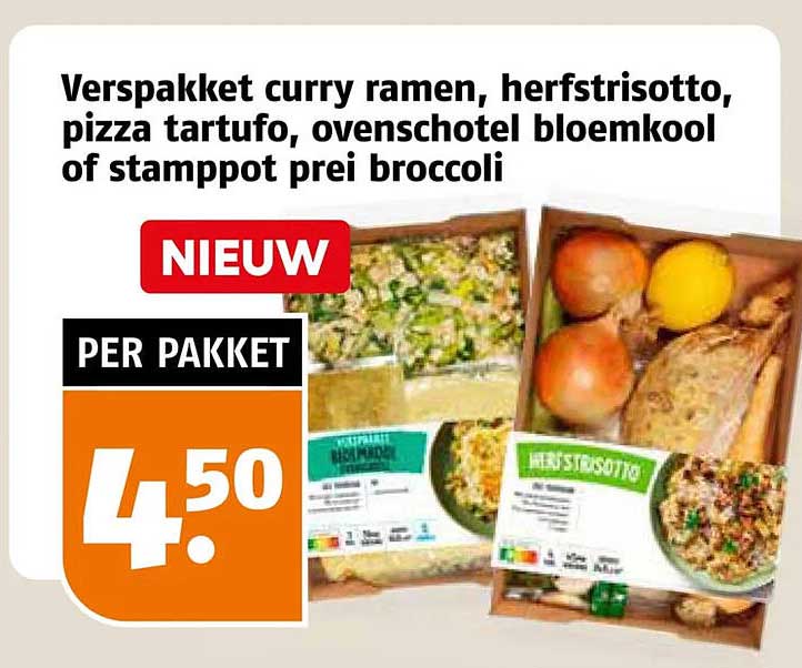 Verspakket curry ramen, herfstrisotto, pizza tartufo, ovenschotel bloemkool of stamppot prei broccoli