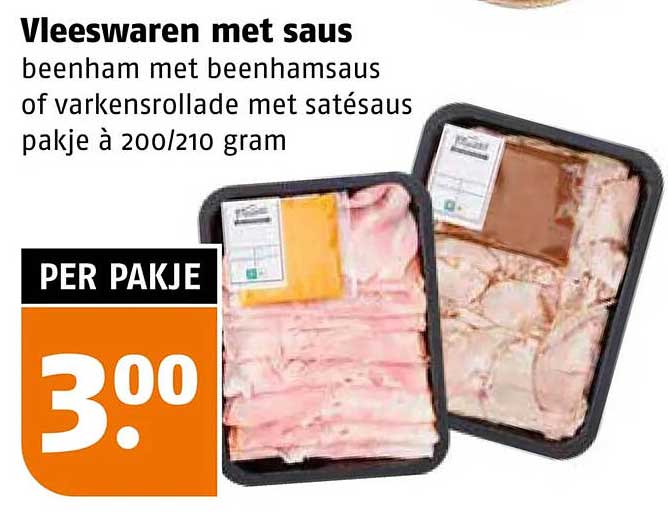 Vleeswaren met saus beenham met beenhamsaus of varkensrollade met satésaus pakje à 200/210 gram