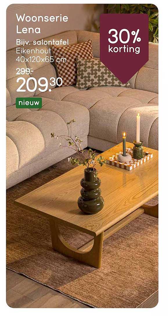 Woonserie Lena Bijv. salontafel Eikenhout 40x120x65 cm 30% korting