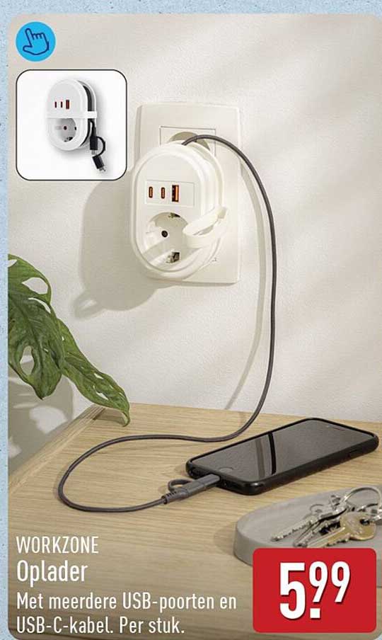 WORKZONE Oplader Met meerdere USB-poorten en USB-C-kabel. Per stuk.