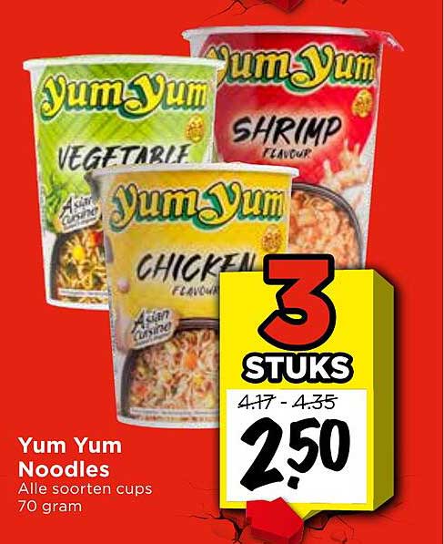 Yum Yum Noodles Alle soorten cups 70 gram 3 STUKS