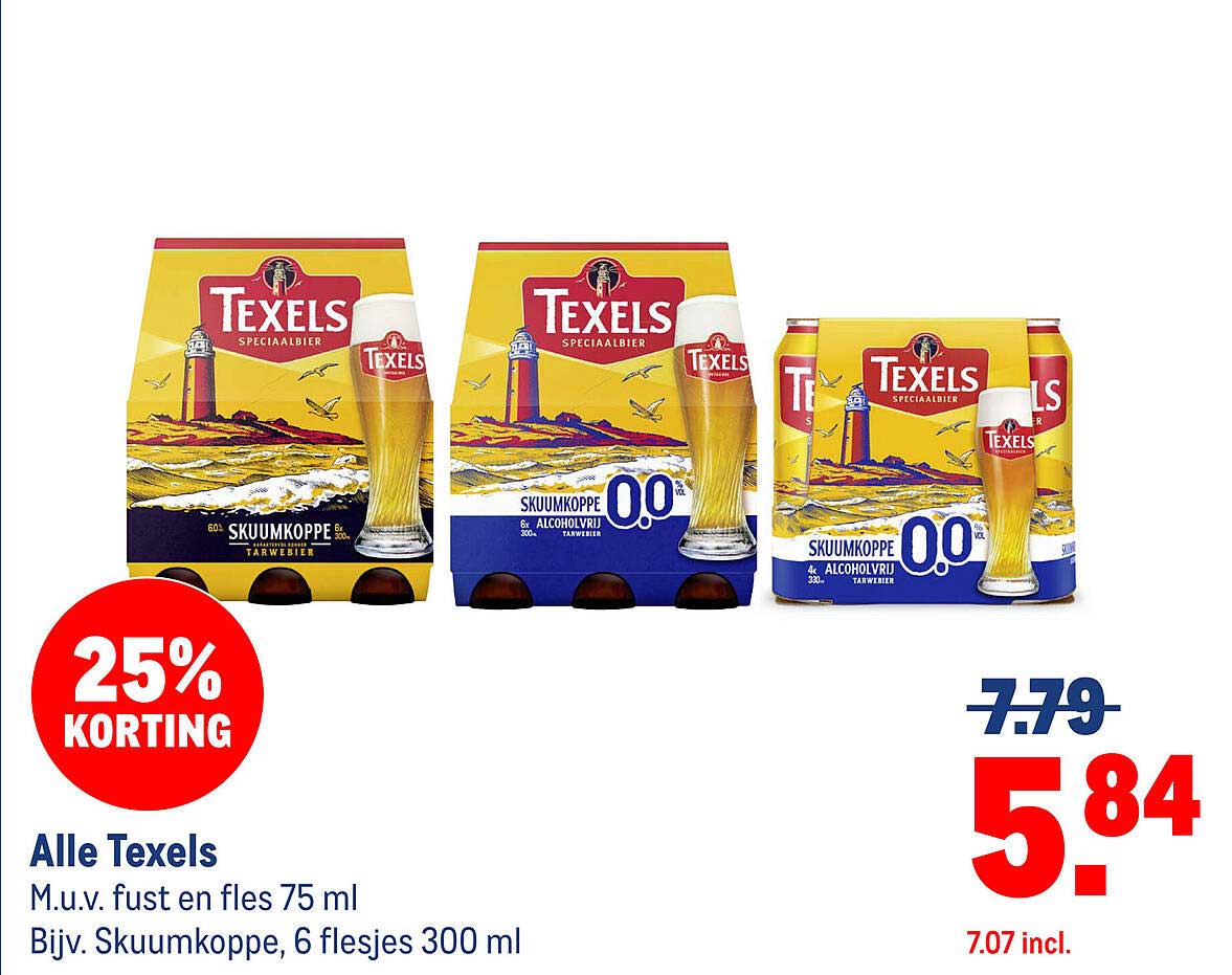 Alle Texels M.u.v. fust en fles 75 ml, Bijv. Skuumkoppe, 6 flesjes 300 ml