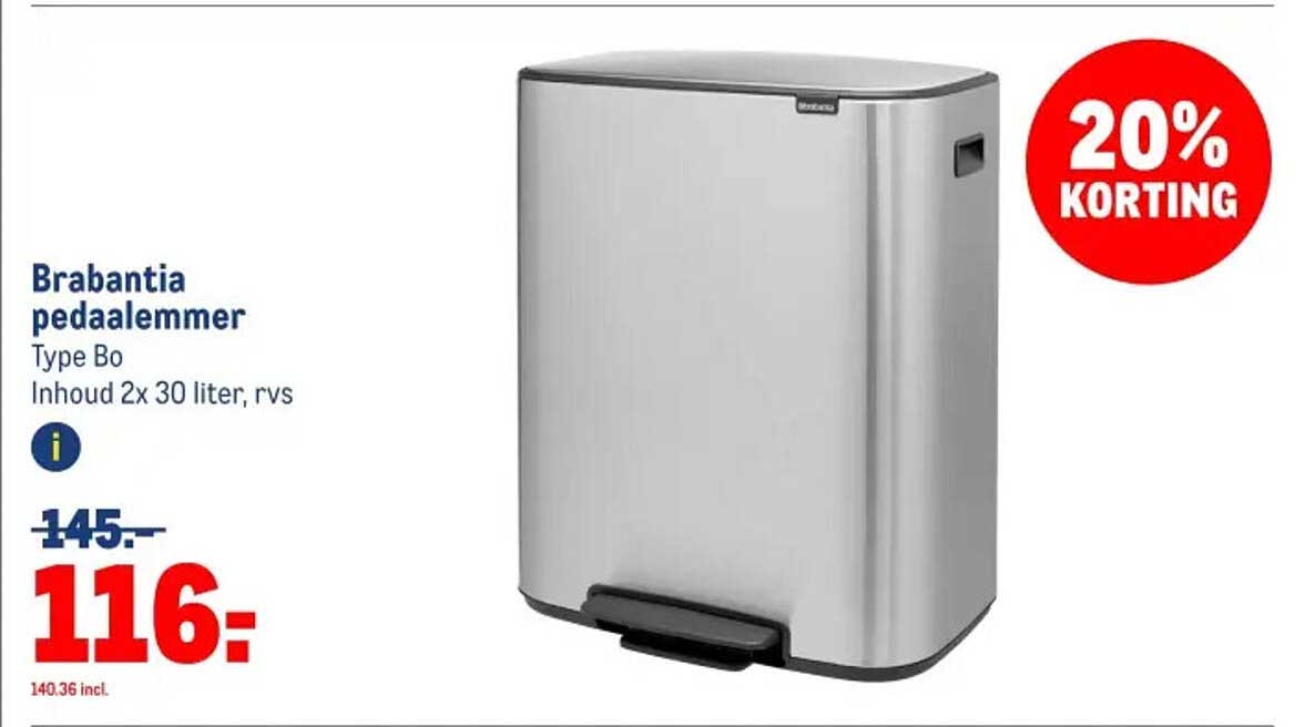 Brabantia pedaalemmer Type Bo Inhoud 2x 30 liter, rvs