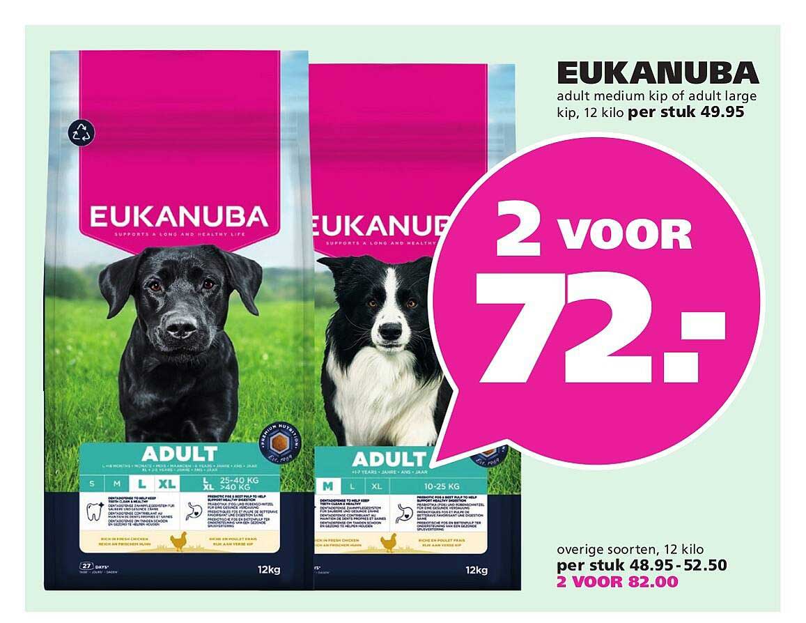 Eukanuba adult medium kip of adult large kip, 12 kilo per stuk 49.95