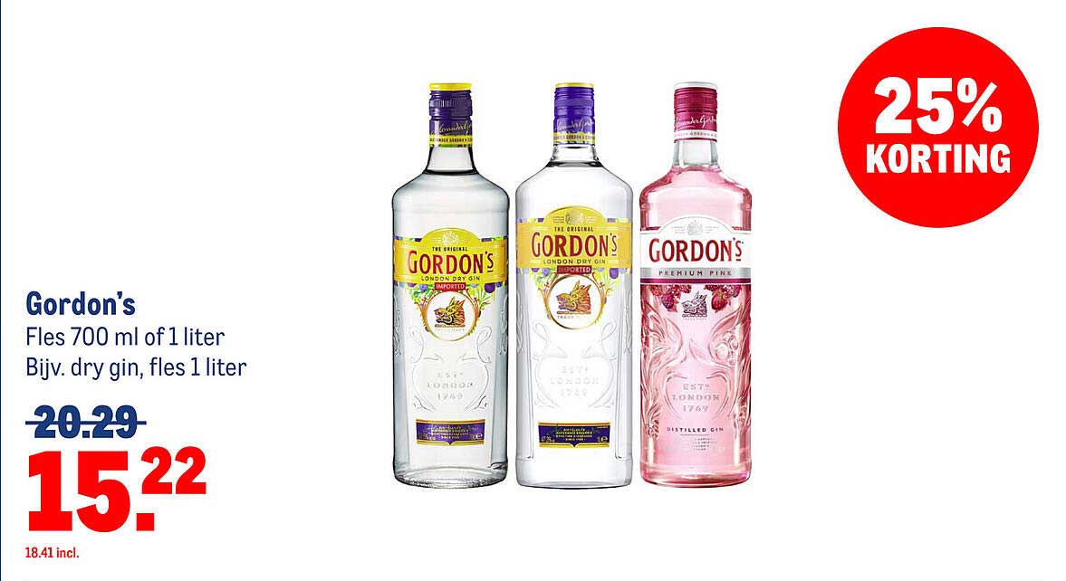 Gordon's Fles 700 ml of 1 liter Bijv. dry gin, fles 1 liter