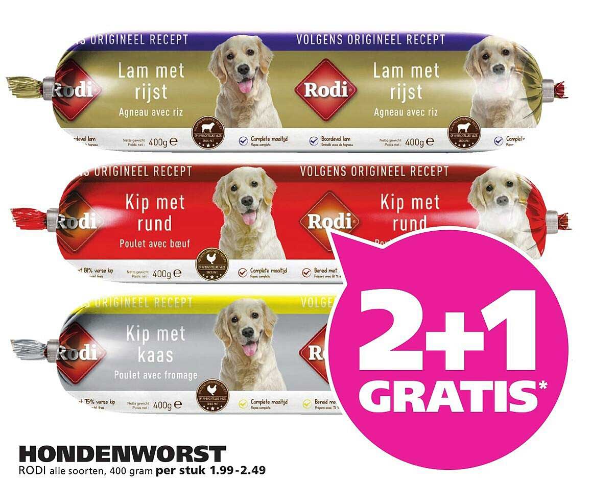 HONDENWORST RODI alle soorten, 400 gram per stuk 1.99-2.49