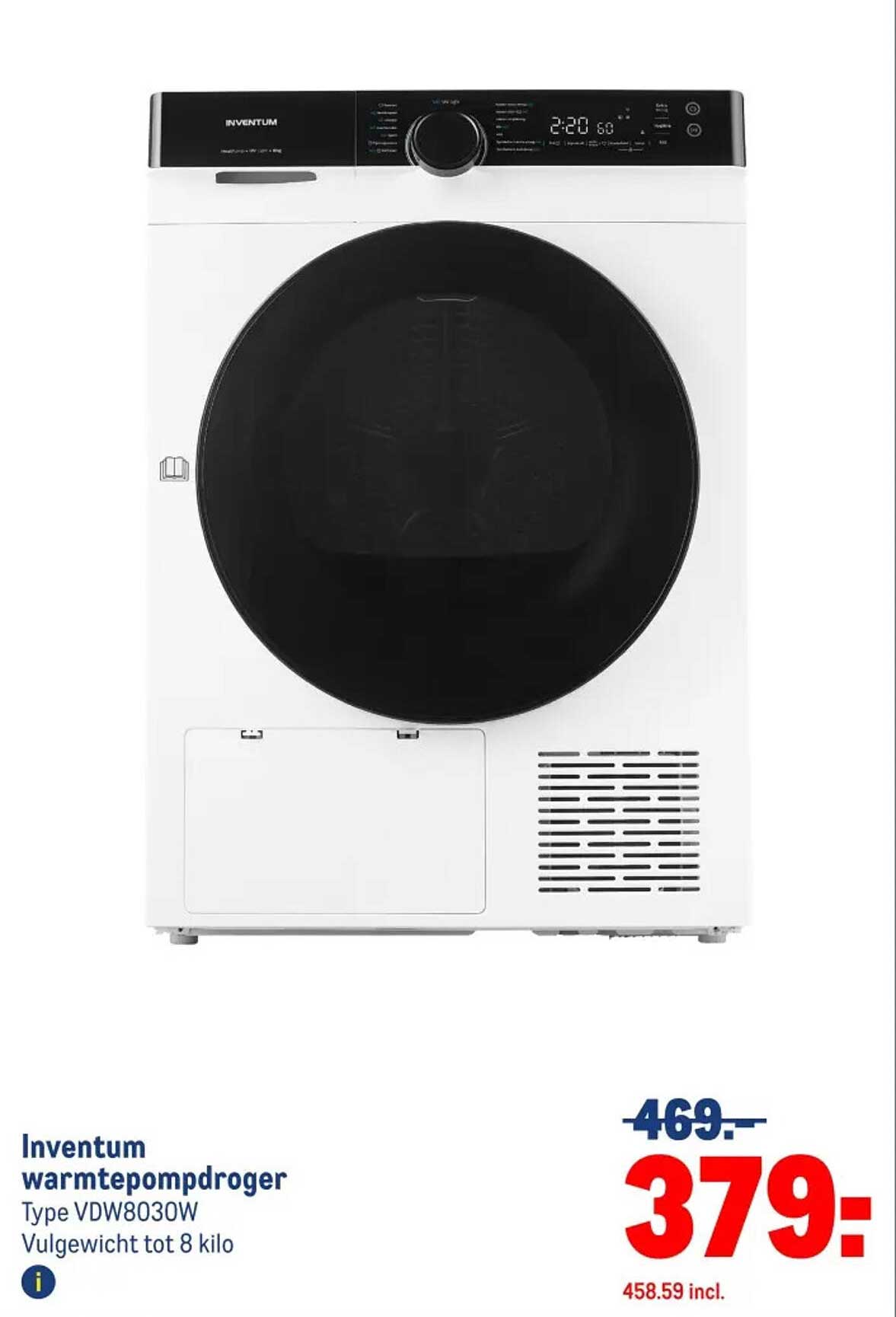 Inventum warmtepompdroger Type VDW8030W Vulgewicht tot 8 kilo
