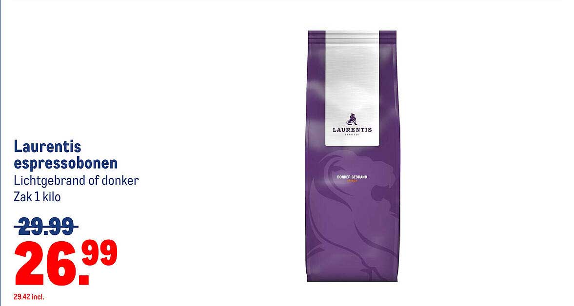 Laurentis espressobonen Lichtgebrand of donker Zak 1 kilo