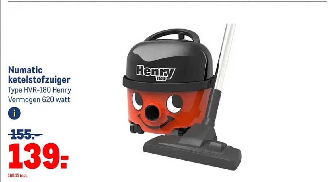 Numatic ketelstofzuiger Type HVR-180 Henry Vermogen 620 watt