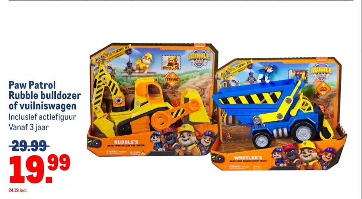 Paw Patrol Rubble bulldozer of vuilniswagen