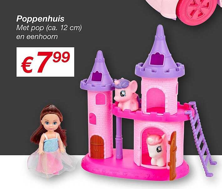 Poppenhuis met pop (ca. 12 cm) en eenhoorn