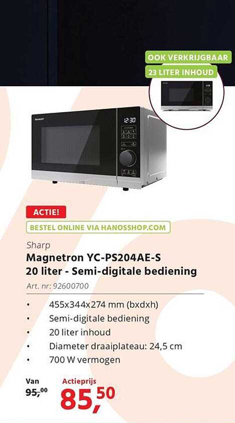 Sharp Magnetron YC-PS204AE-S 20 liter - Semi-digitale bediening