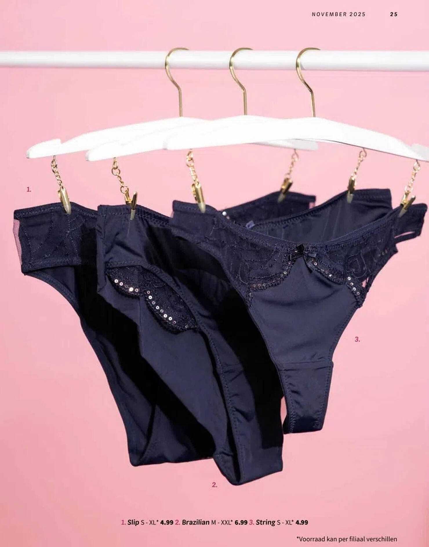 Slip S - XL €4.99, Brazilian M - XXL €6.99, String S - XL €4.99