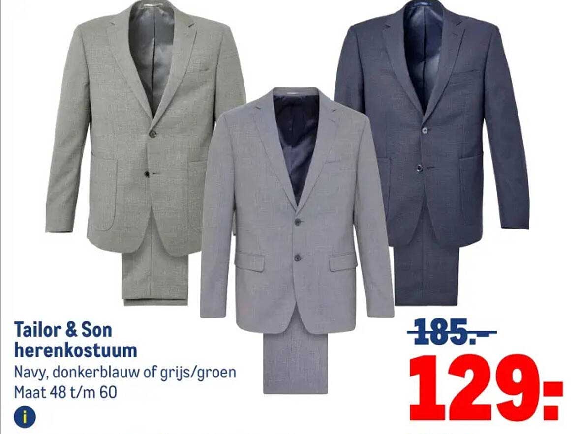 Tailor & Son herenkostuum Navy, donkerblauw of grijs/groen Maat 48 t/m 60