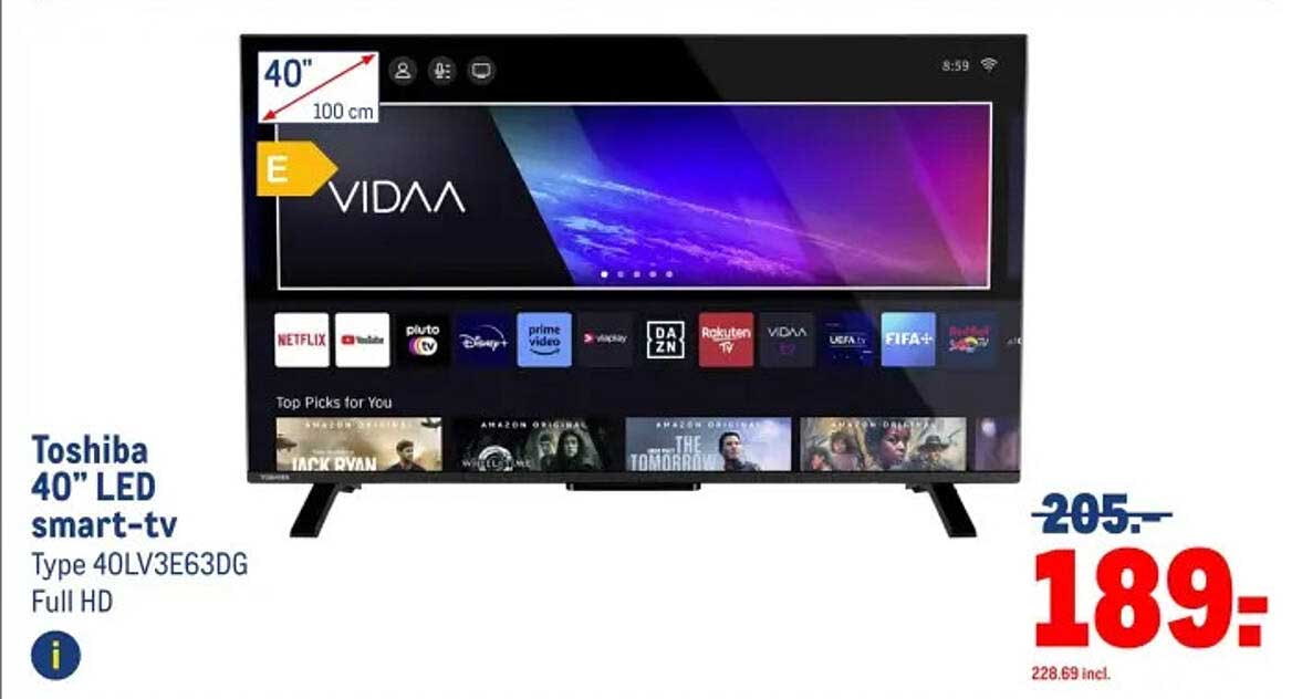 Toshiba 40” LED smart-tv Type 40LV3E63DG Full HD