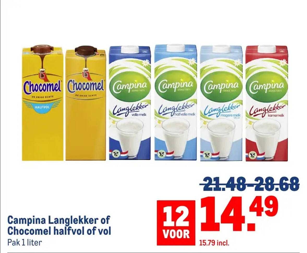 Campina Langlekker of Chocomel halfvol of vol Pak 1 liter