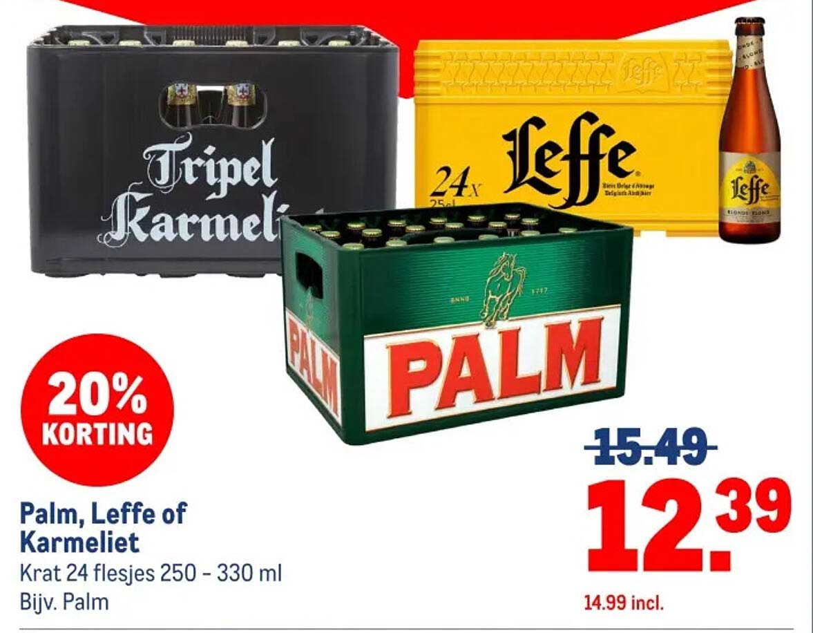 Palm, Leffe of Karmeliet Krat 24 flesjes 250 - 330 ml