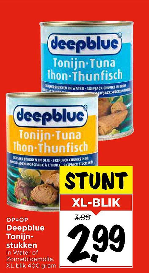 Deepblue Tonijn-stukken in Water of Zonnebloemolie - XL-blik 400 gram