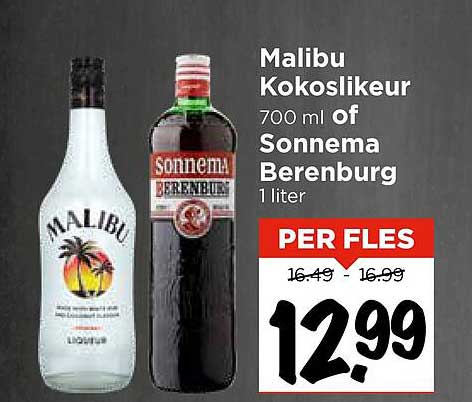 Malibu Kokoslikeur 700 ml of Sonnema Berenburg 1 liter