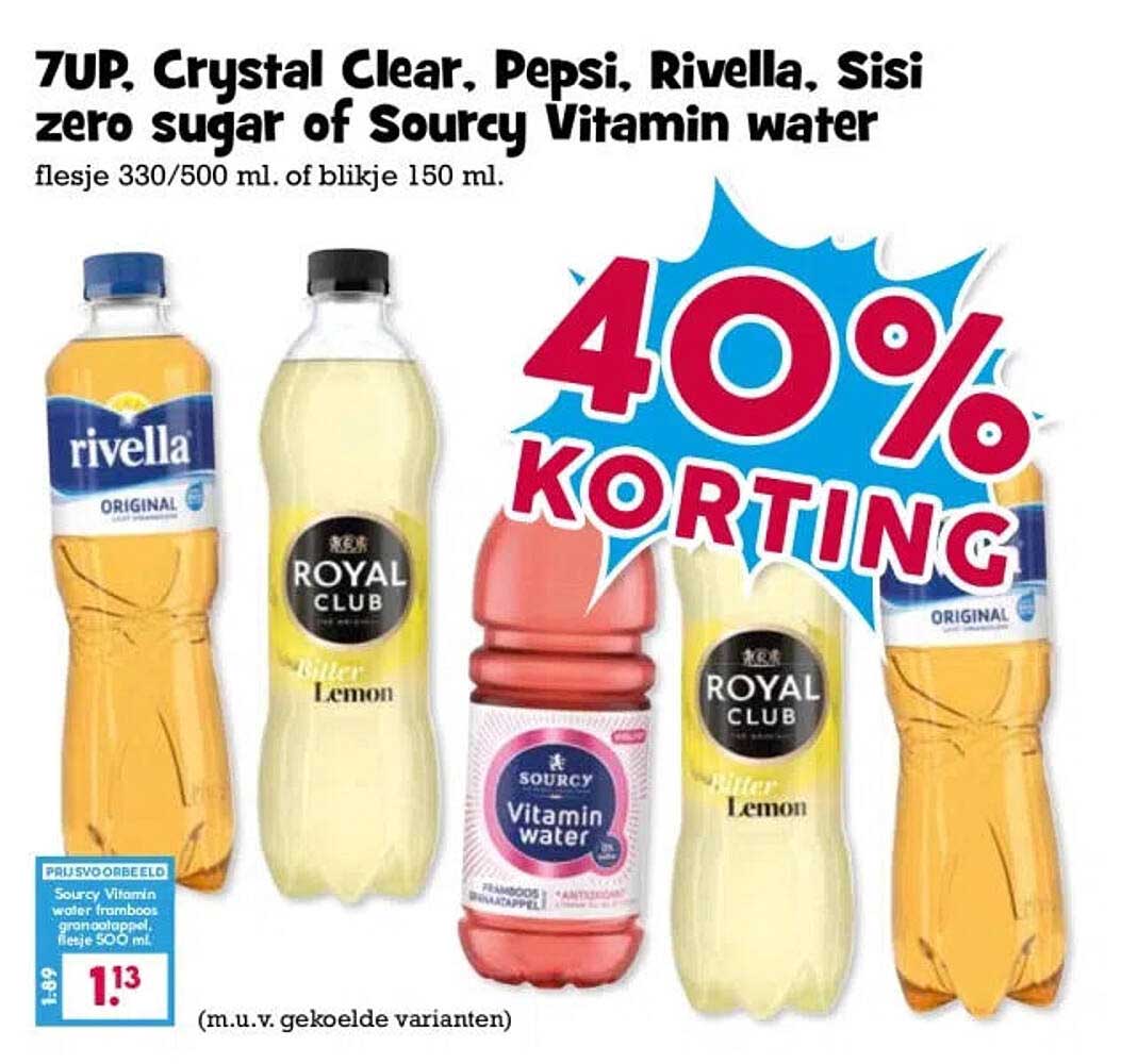 7UP, Crystal Clear, Pepsi, Rivella, Sisi zero sugar of Sourcy Vitamin water