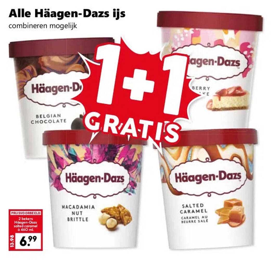 Alle Häagen-Dazs ijs combineren mogelijk 1+1 gratis