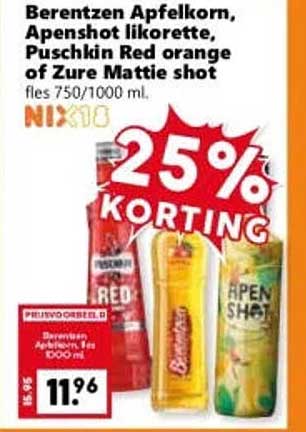 Berentzen Appelkorn, Apenshot likorette, Pushking Red orange of Zure Mattie shot 25% korting
