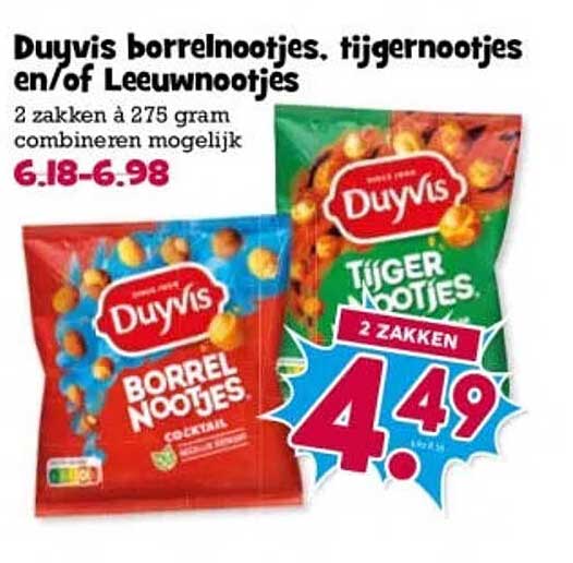Duyvis borrelnootjes, tijgernootjes en/of Leeuwnoetjes 2 zakken à 275 gram combineren mogelijk