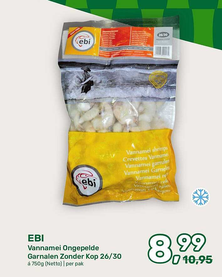 EBI Vannamei Ongepelde Garnalen Zonder Kop 26/30