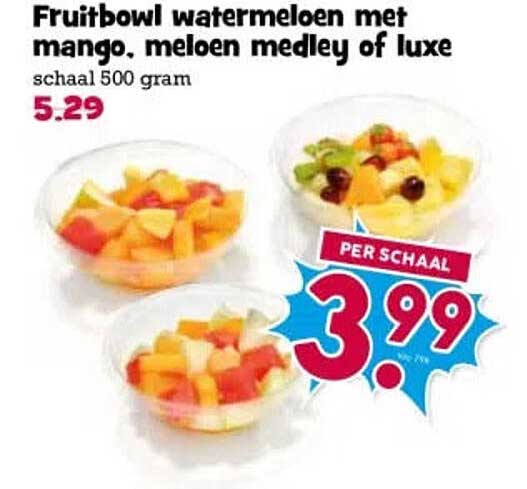 Fruitbowl watermeloen met mango, meloen medley of luxe schaal 500 gram