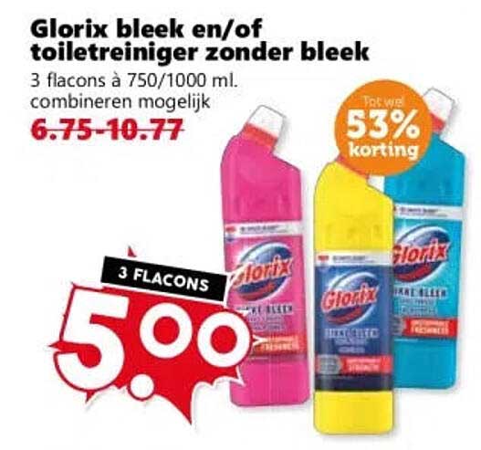 Glorix bleek en/of toiletreiniger zonder bleek 3 flacons à 750/1000 ml, combineren mogelijk