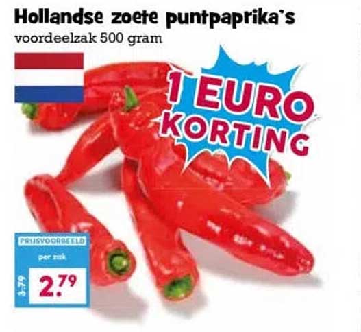 Hollandse zoete puntpaprika's voordeelzak 500 gram 1 EURO KORTING
