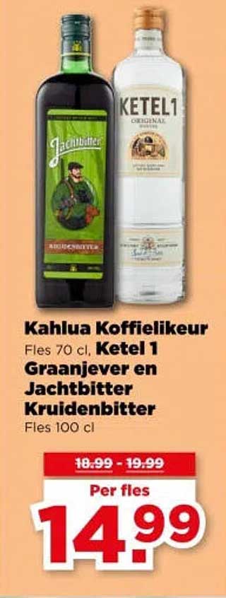 Kahlua Koffielikeur Fles 70 cl, Ketel 1 Graanjever en Jachtbitter Kruidenbitter Fles 100 cl