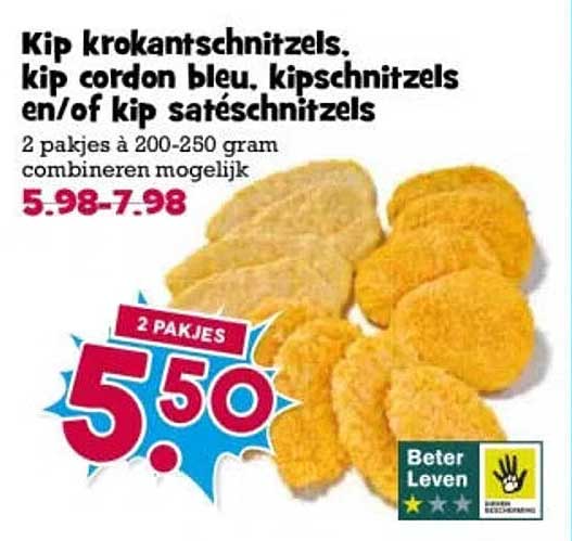 Kip krokantschnitzels, kip cordon bleu, kipschnitzels en/of kip safeschnitzels