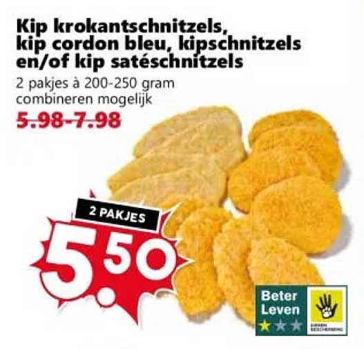 Kip krokantschnitzels, kip cordon bleu, kipschnitzels en/of kip satéschnitzels 2 pakjes