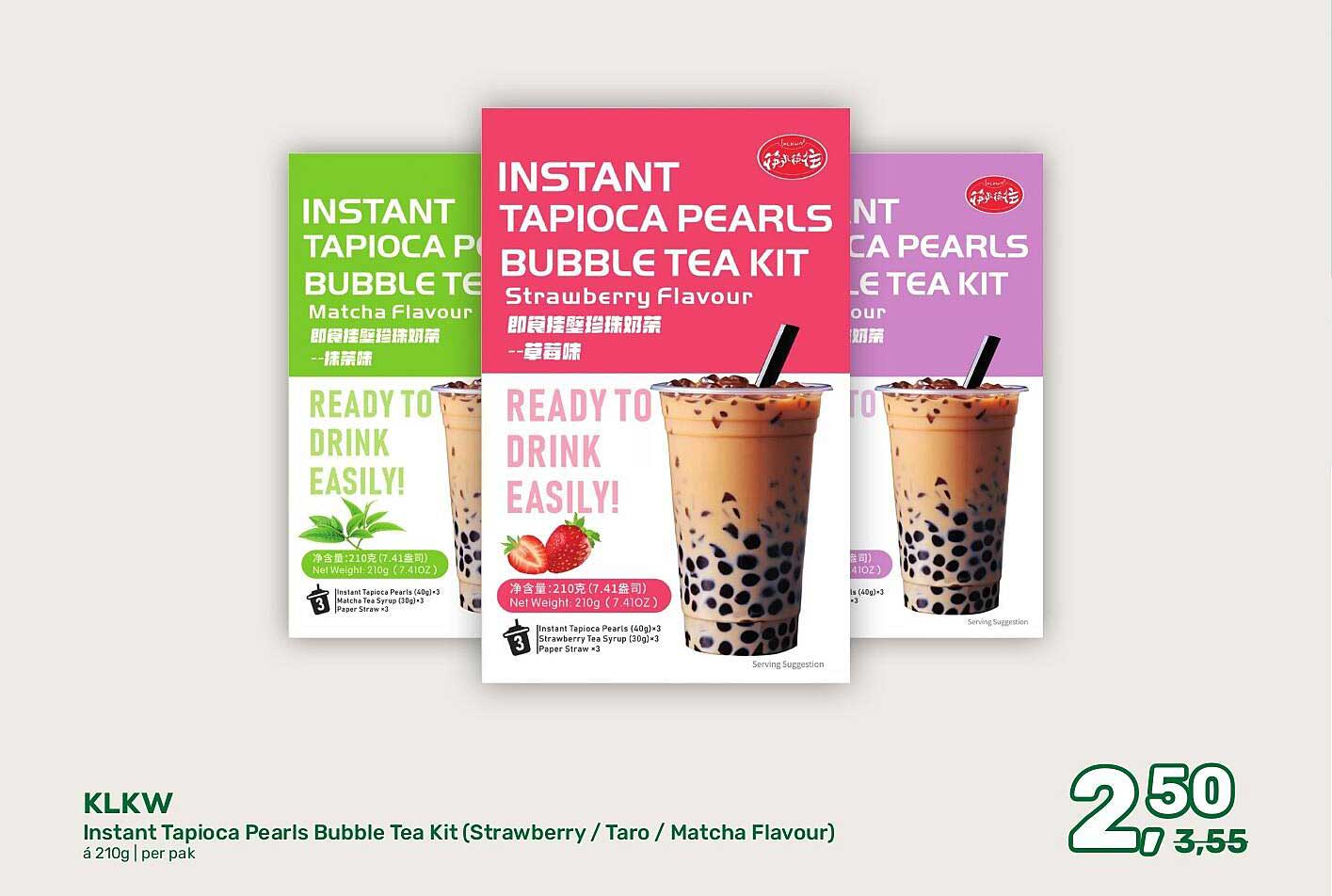 KLKW Instant Tapioca Pearls Bubble Tea Kit (Strawberry / Taro / Matcha Flavour)