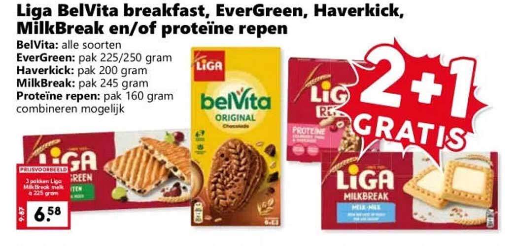 Liga BelVita breakfast, EverGreen, Haverkick, MilkBreak en/of proteïne repen 2+1 gratis