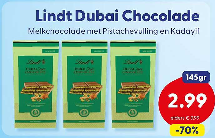 Lindt Dubai Chocolade Melkchocolade met Pistachevulling en Kadayif -70%
