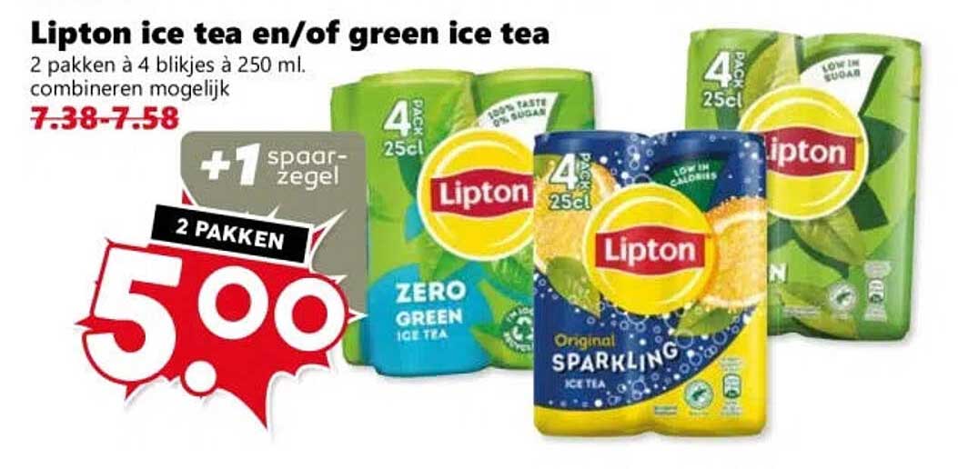 Lipton ice tea en/of green ice tea 2 pakken à 4 blikjes à 250 ml, combineren mogelijk +1 spaarzegel
