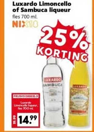 Luxardo Limoncello of Sambuca liqueur fles 700 ml. 25% KORTING