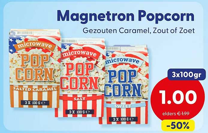 Magnetron Popcorn Gezouten Caramel, Zout of Zoet 3x100gr -50%