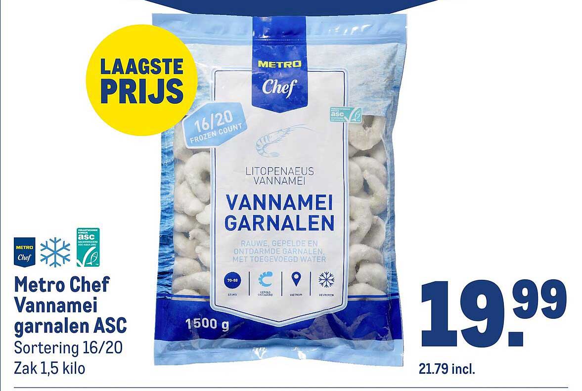 Metro Chef Vannamei garnalen ASC Sortering 16/20 Zak 1,5 kilo