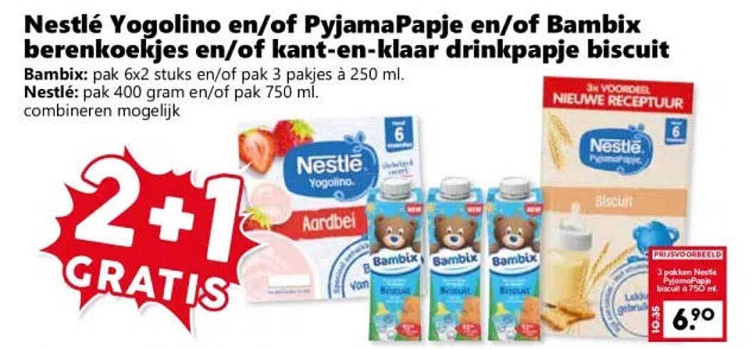 Nestlé Yogolino en/of PyjamaPapje en/of Bambix berenkoekjes en/of kant-en-klaar drinkpapje biscuit 2+1 gratis