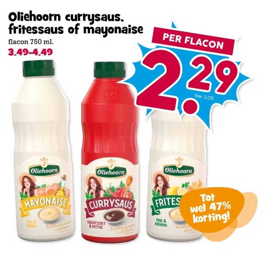 Oliehoorn currysaus, fritessaus of mayonaise per flacon
