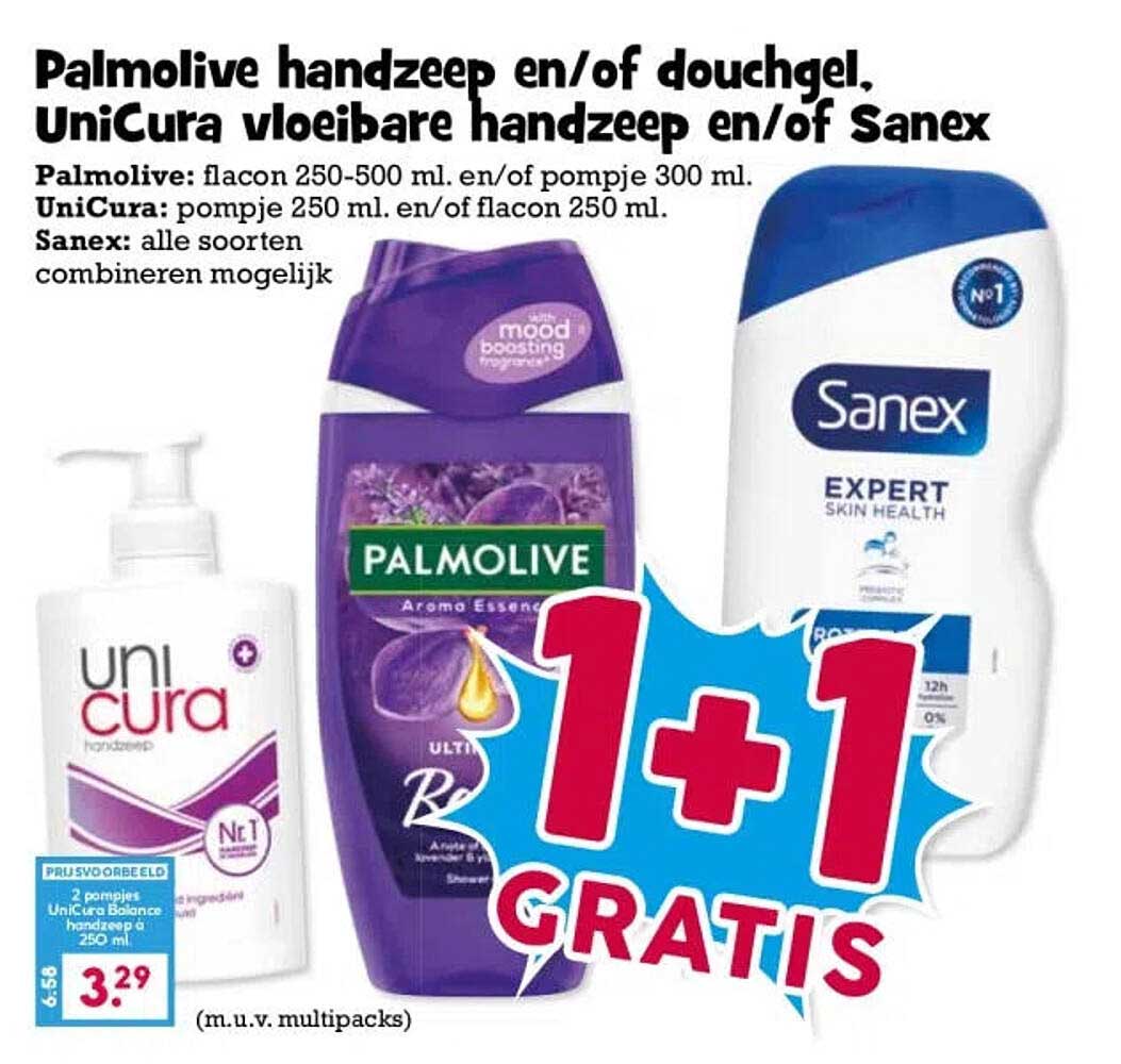 Palmolive handzeep en/of douchegel, UniCura vloeibare handzeep en/of Sanex 1+1 gratis
