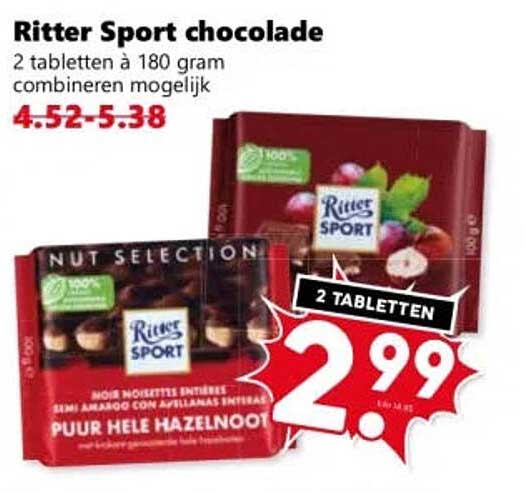 Ritter Sport chocolade 2 tabletten à 180 gram combineren mogelijk